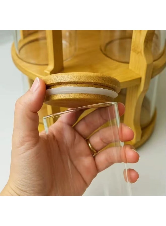 A glass spice organizer with a 360-degree rotating wooden base containing 10 airtight jars to organize spices and legumes in a small space and a stylish design suitable for all kitchens. - Image 4